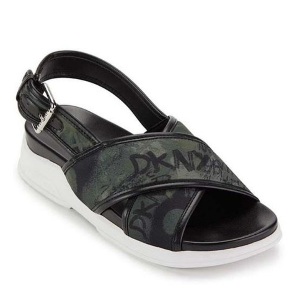 EUC DKNY Black Camo Crisscross-Strap Logo Sandal